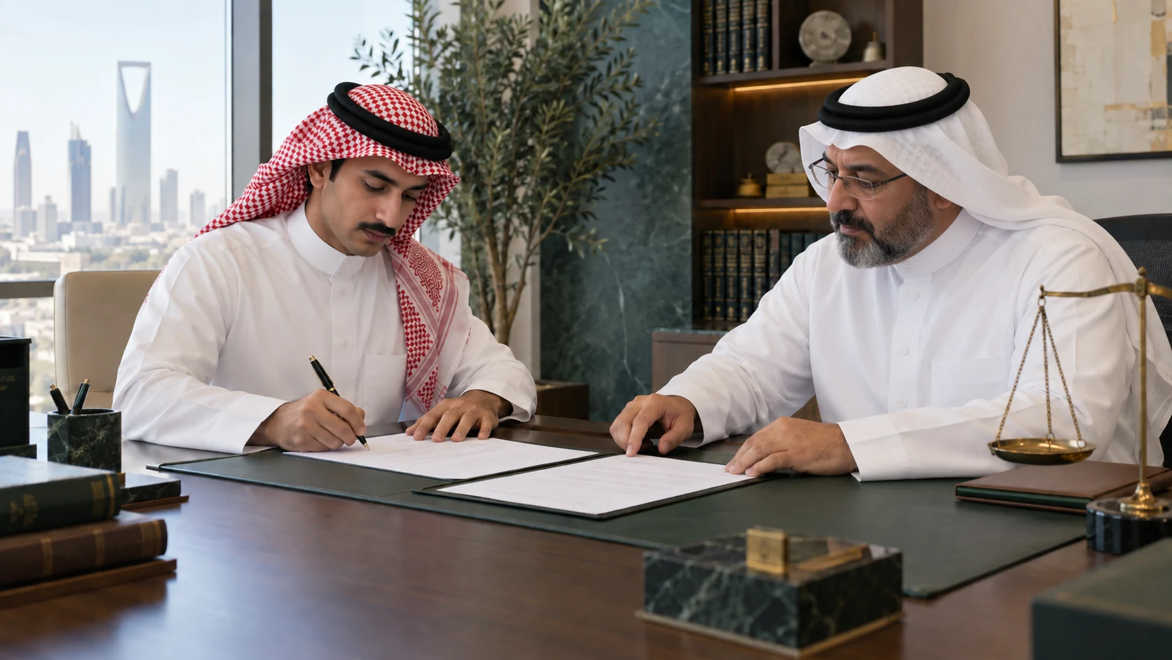 مشهد توضيحي لشخصين مختلفين بالملابس السعودية يراجعان عقداً