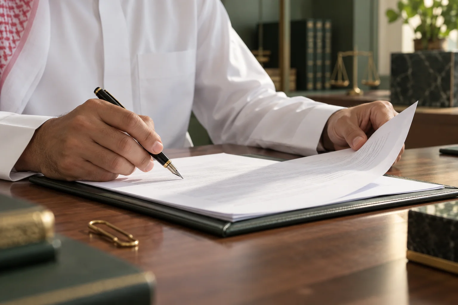 مراجعة مستندات وعقود، بملابس سعودية