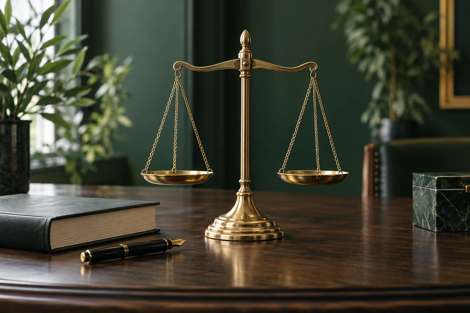 ميزان عدالة وكتاب قانوني يعبّران عن العناية بالحقوق